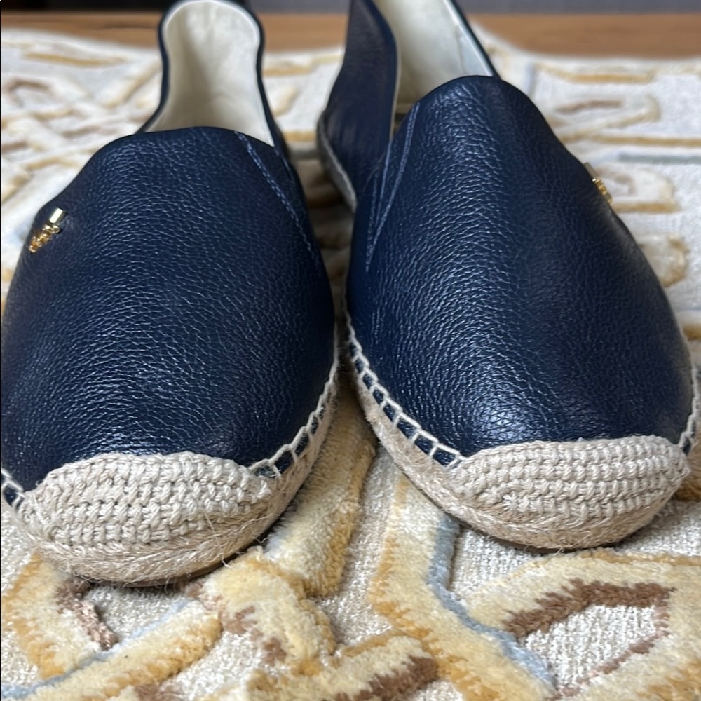 Michael Kors Navy Leather Espadrilles with Natural Woven Toe Cap